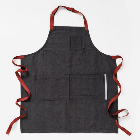 Tall Bib Apron, Charcoal Black with Red Straps, 30
