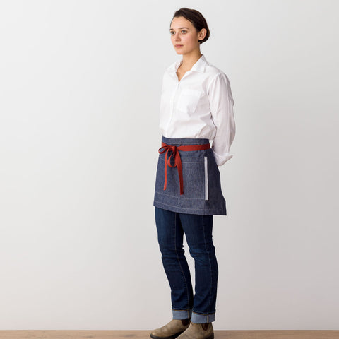Bistro Shorty Apron Blue Denim with Red Straps, 28