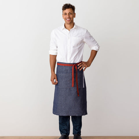 Bistro Longy Apron Blue Denim with Red Straps, 25